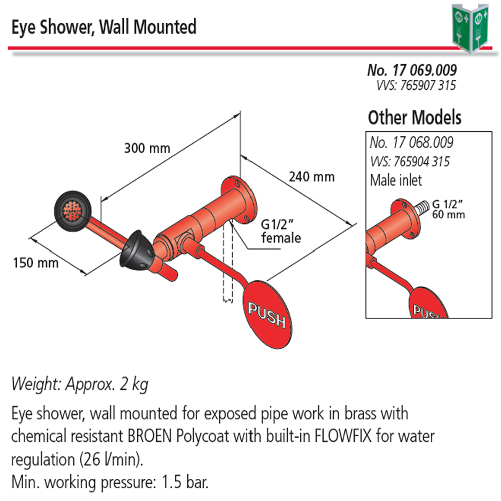 Eye Shower - Wall Mounted - For Exposed Pipe Work