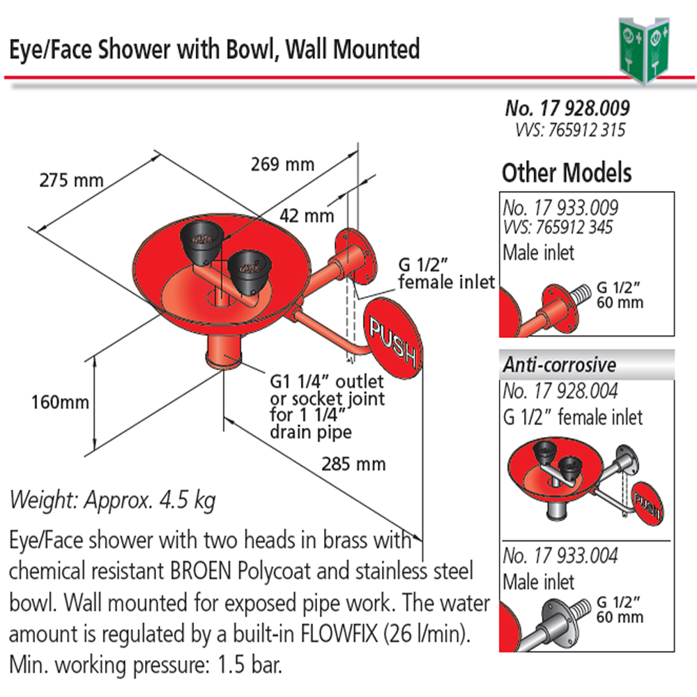 Eye/Face Shower with Bowl - Wall Mounted - Male Inlet