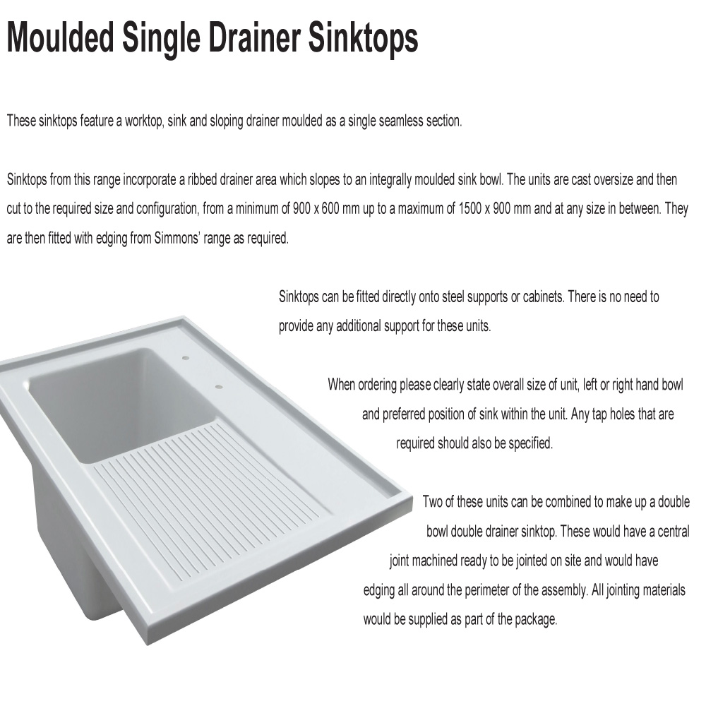 Moulded Single Drainer Sinktop (900 x 600 to 850 mm)